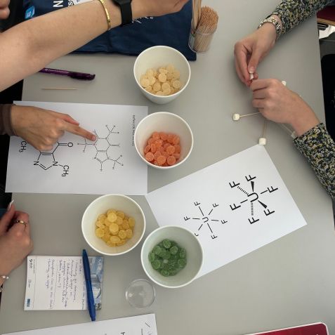 Die Entdeckerinnen haben unter anderem Koffein- und Uranhexafluoridmoleküle mit Süßigkeiten und Zahnstochern nachgebaut © Andrea Voit, FRM II / TUM Essbare_Moleküle